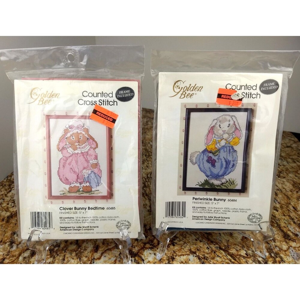 2 Golden Bee Counted Cross Stitch Kits w/Frame CLOVER BEDTIME & PERIWINKLE BUNNY